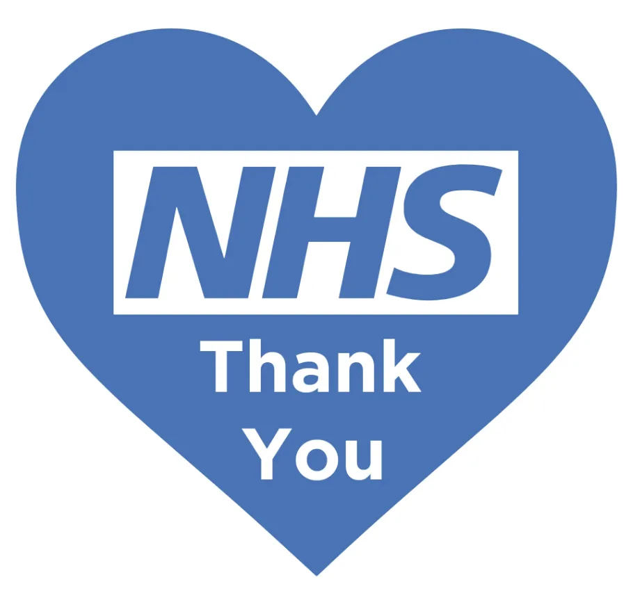 A blue heart-shaped graphic contains the NHS logo in a white rectangle at the top, with the words 'Thank You' in white text…