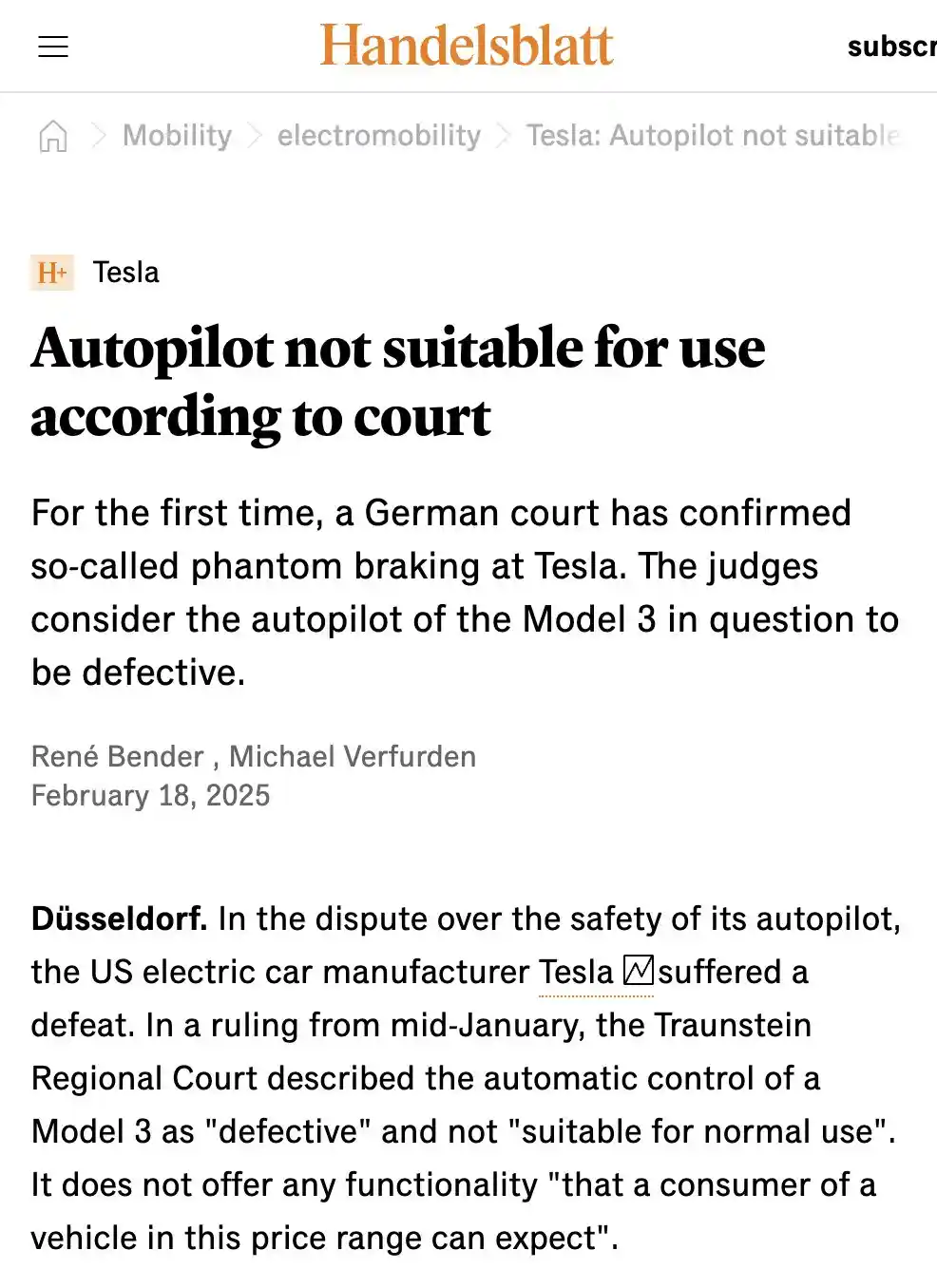 A screenshot of a German news article from Handelsblatt dated February 18, 2025, reporting that a German court ruled Tesla's…