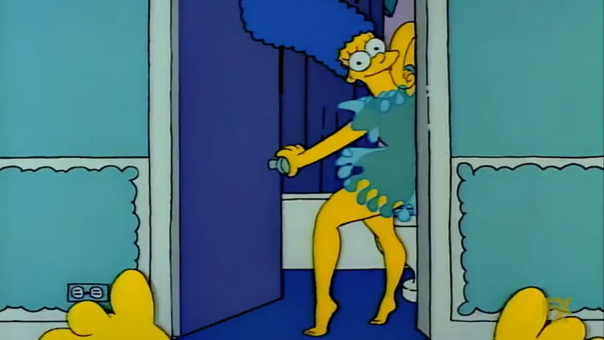 a cartoon image of marge simpson in a blue dress and afro wig, peeking out from a doorway while holding the doorknob, with…
