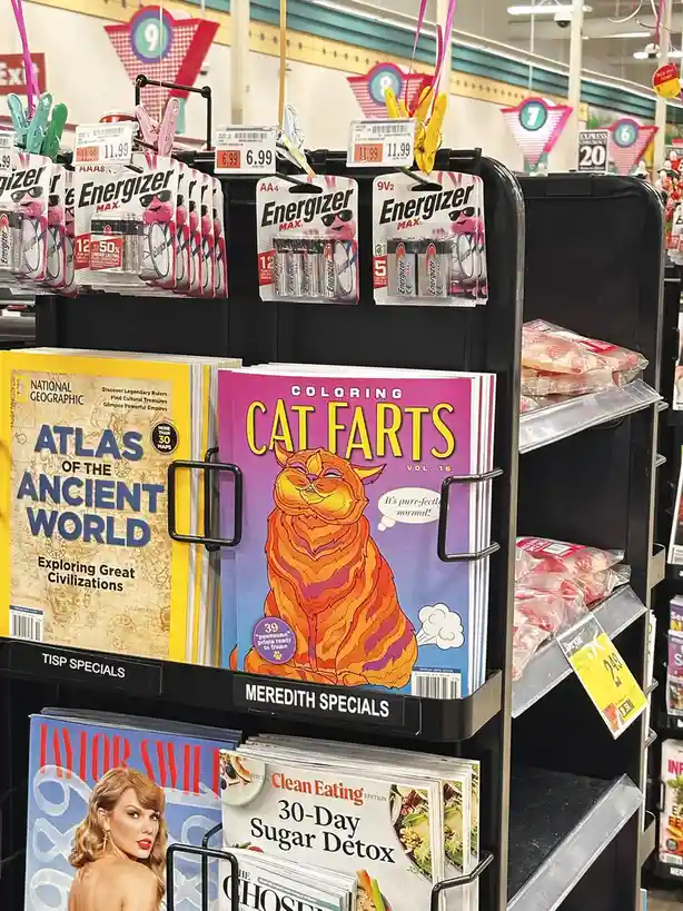 A store shelf displays magazines, including a National Geographic atlas and a 'Coloring Cat Farts' book with a cartoon cat…