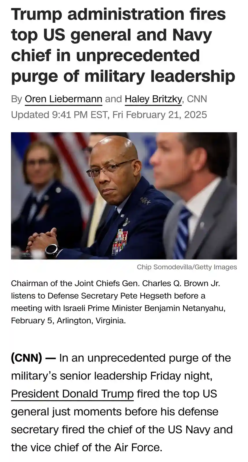 A screenshot of a CNN news article from February 21, 2025, features a photo of Gen. Charles Q. Brown Jr., Chairman of the…