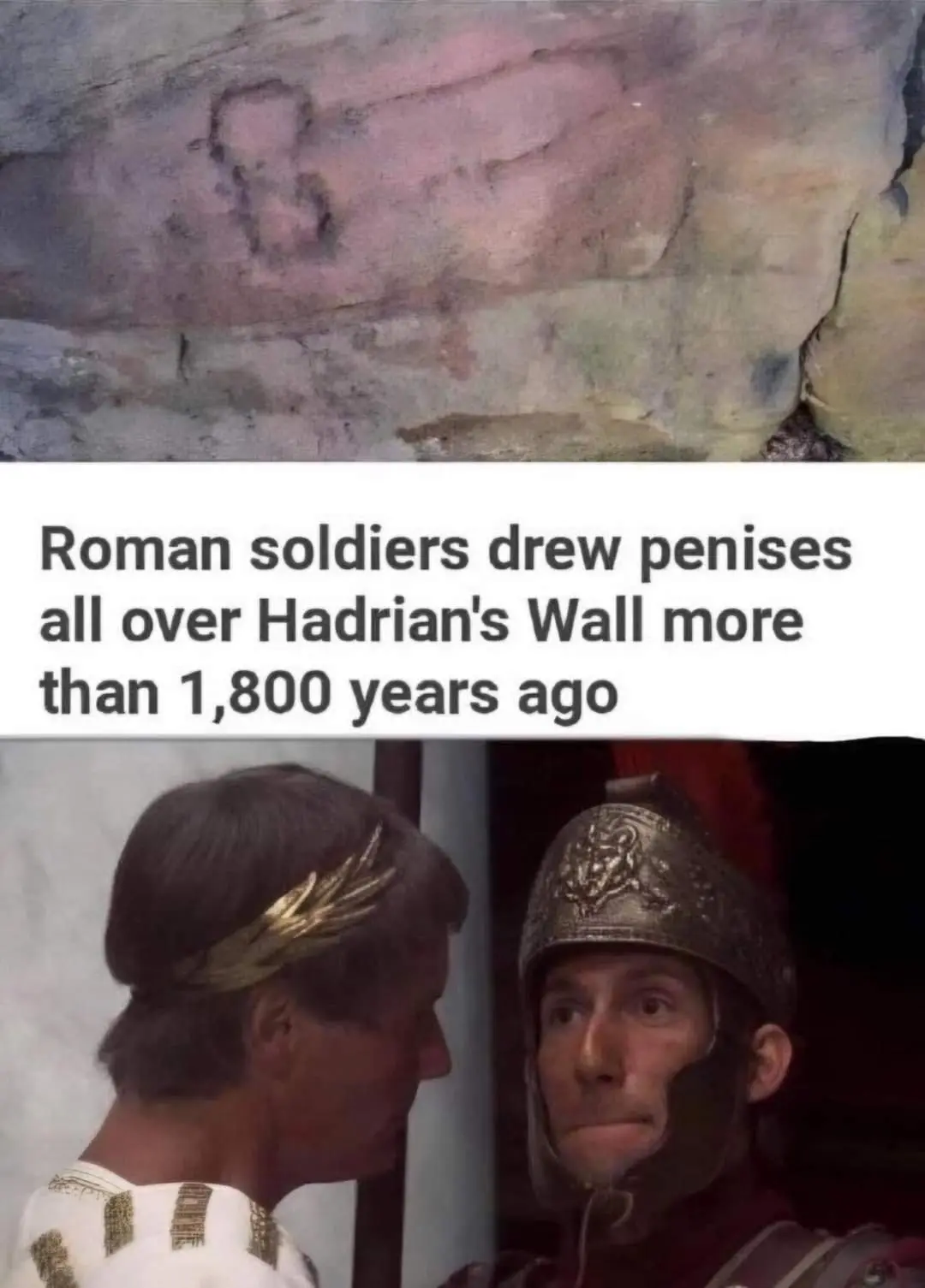 The image is split into two parts: the top shows a faded, crude drawing of a phallus on ancient stone, and the bottom shows…
