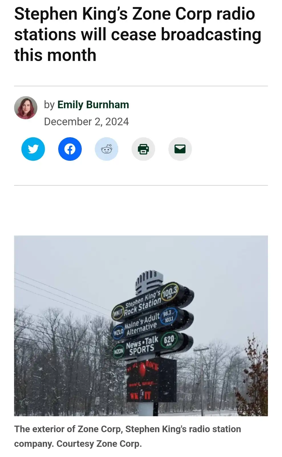 A news article screenshot shows a snowy outdoor photo of a multi-tiered radio station sign for Zone Corp, featuring 'Stephen…