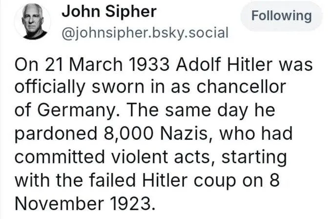 A screenshot of a social media post by John Sipher (@johnsipher.bsky.social) showing a text block that states: 'On 21 March…