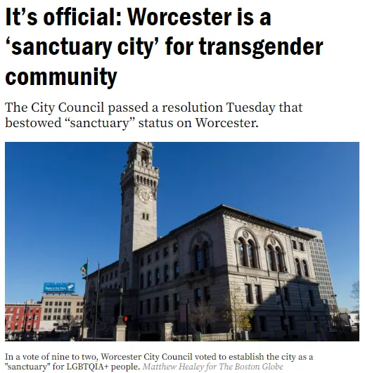 A news article screenshot shows a photo of Worcester City Hall under a clear blue sky. The headline reads 'It's official…