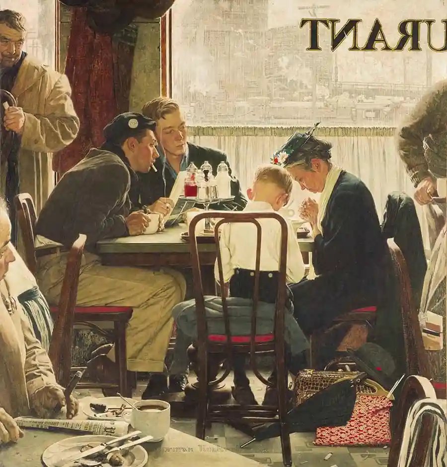 A vintage painting depicts a crowded restaurant interior with patrons seated at tables, one woman in a dark coat and floral…