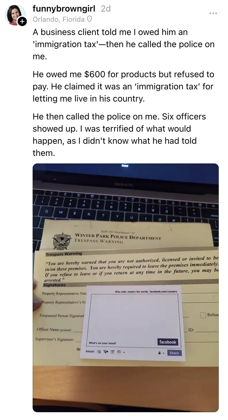 A photo shows a 'Winter Park Police Department Trespass Warning' document on a laptop keyboard, with a Facebook post…