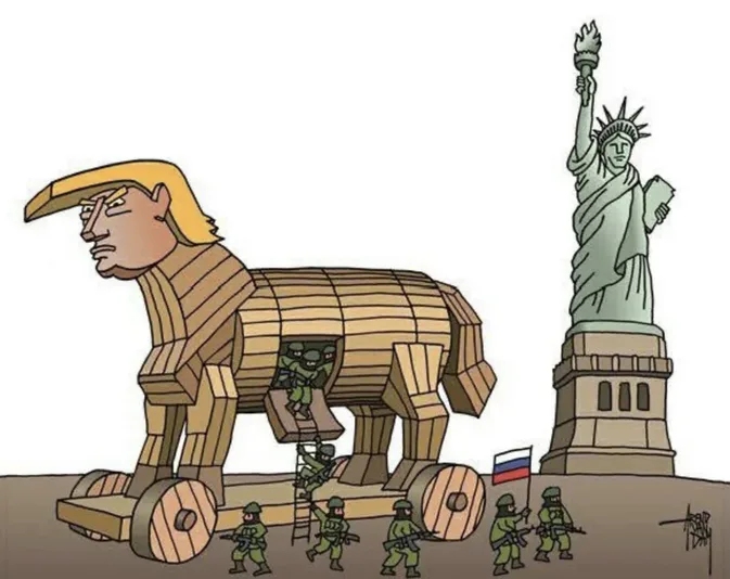 a cartoon depicts a giant wooden horse, shaped like a man with a distinctive hairstyle and facial features, rolling toward…