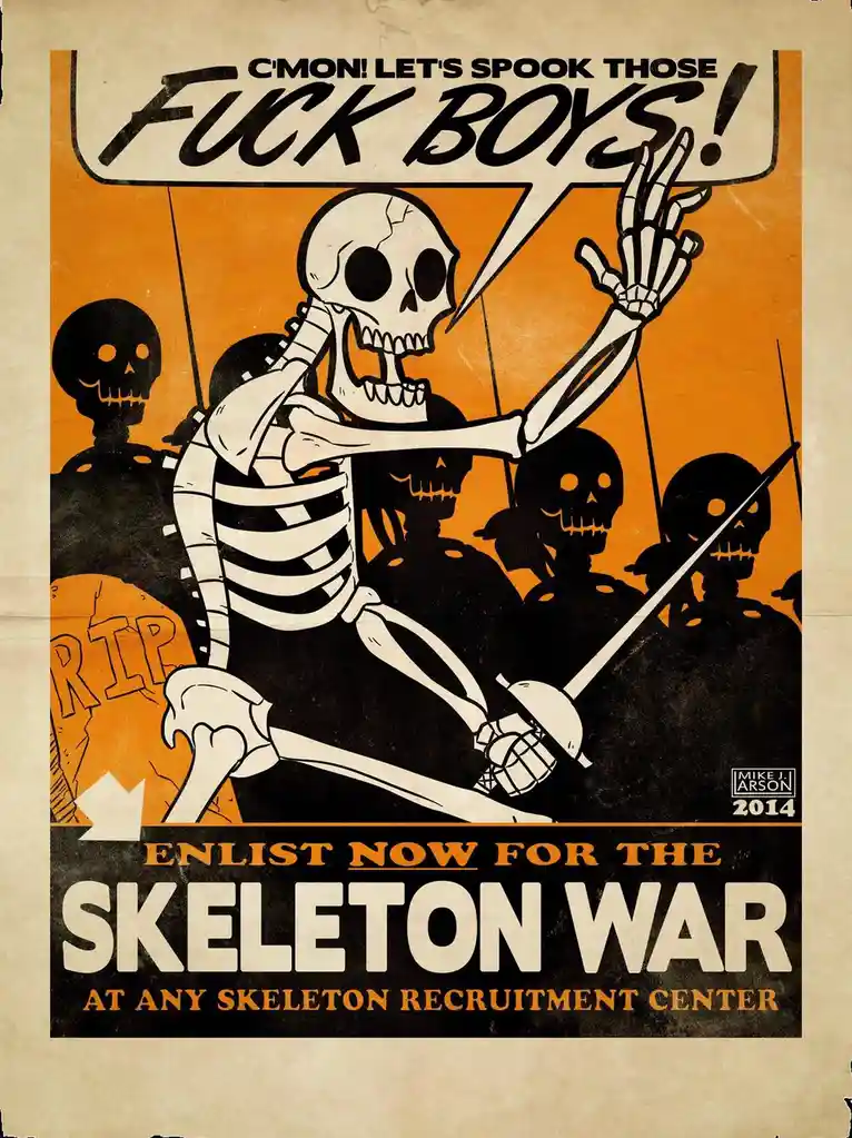 A vintage-style propaganda poster features a white skeleton in a militant pose, holding a sword and raising a hand, with a…