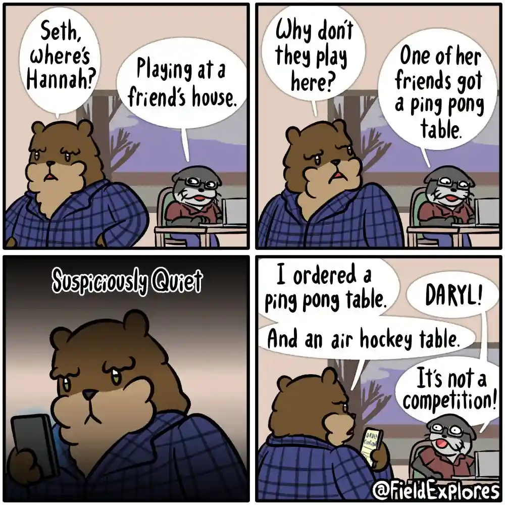 A four-panel comic strip featuring two anthropomorphic animals, a bear and an otter, in a domestic setting. The bear asks…