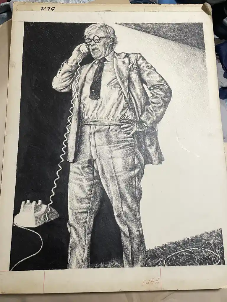 A black-and-white pencil drawing shows an older man in a suit and glasses holding a vintage telephone receiver to his ear…