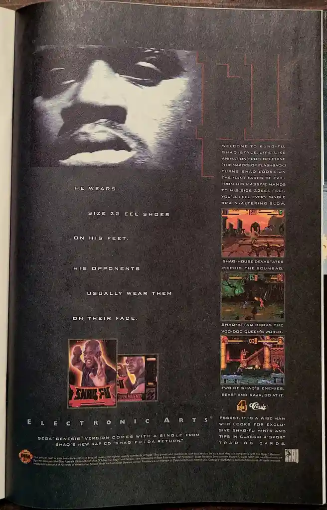 This is a vintage print advertisement for the video game 'Shaq Fu' featuring a large, stylized black-and-white image of…