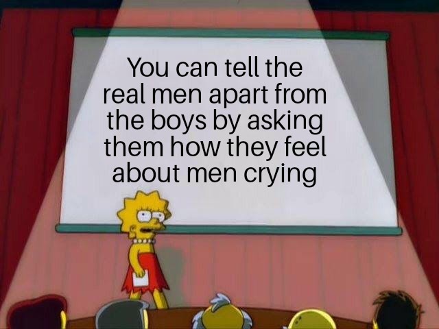 Lisa Simpson stands at a podium in front of a projector screen displaying the text 'You can tell the real men apart from the…