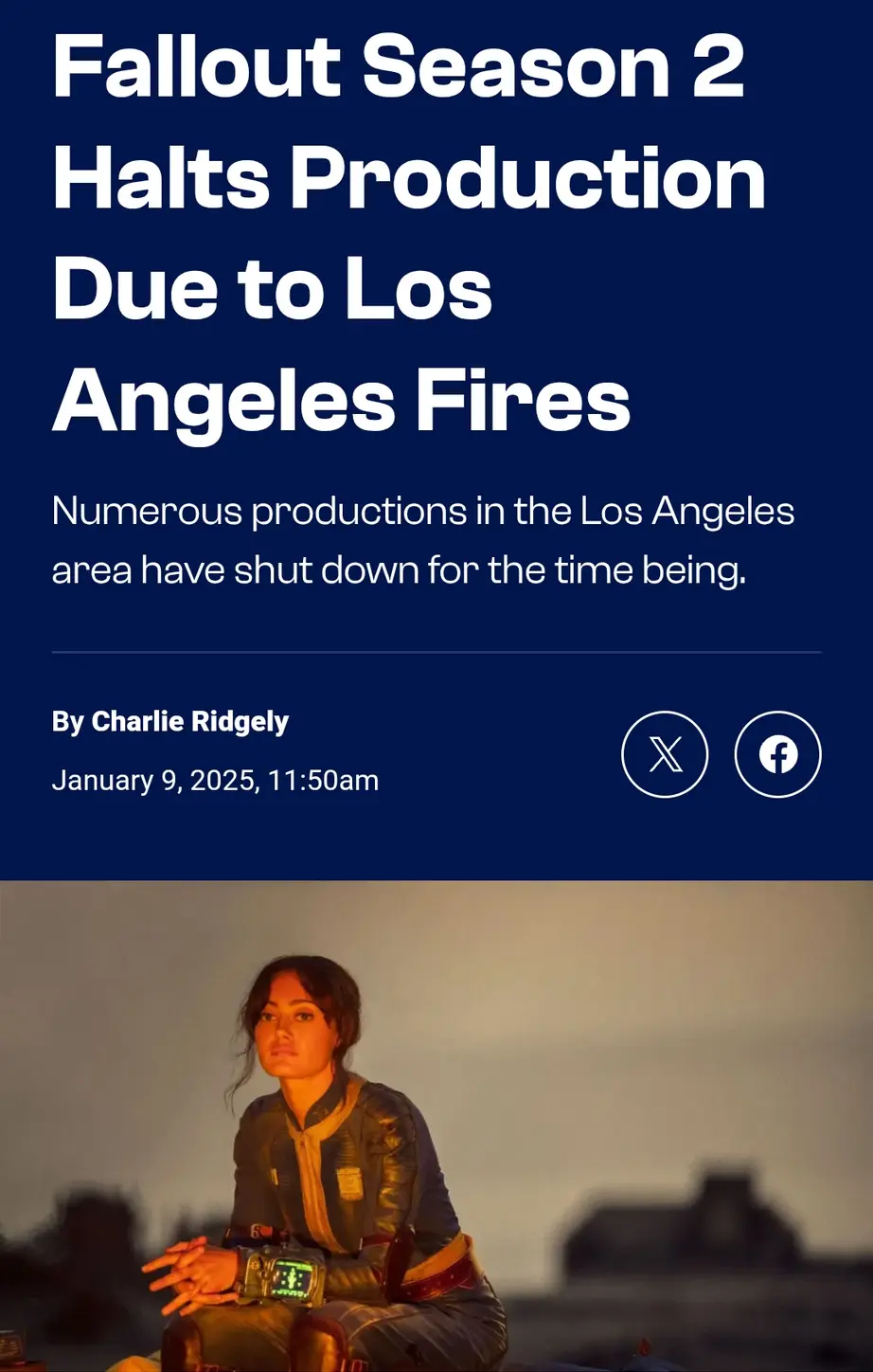 The image displays a fake news article headline stating 'Fallout Season 2 Halts Production Due to Los Angeles Fires,' with a…