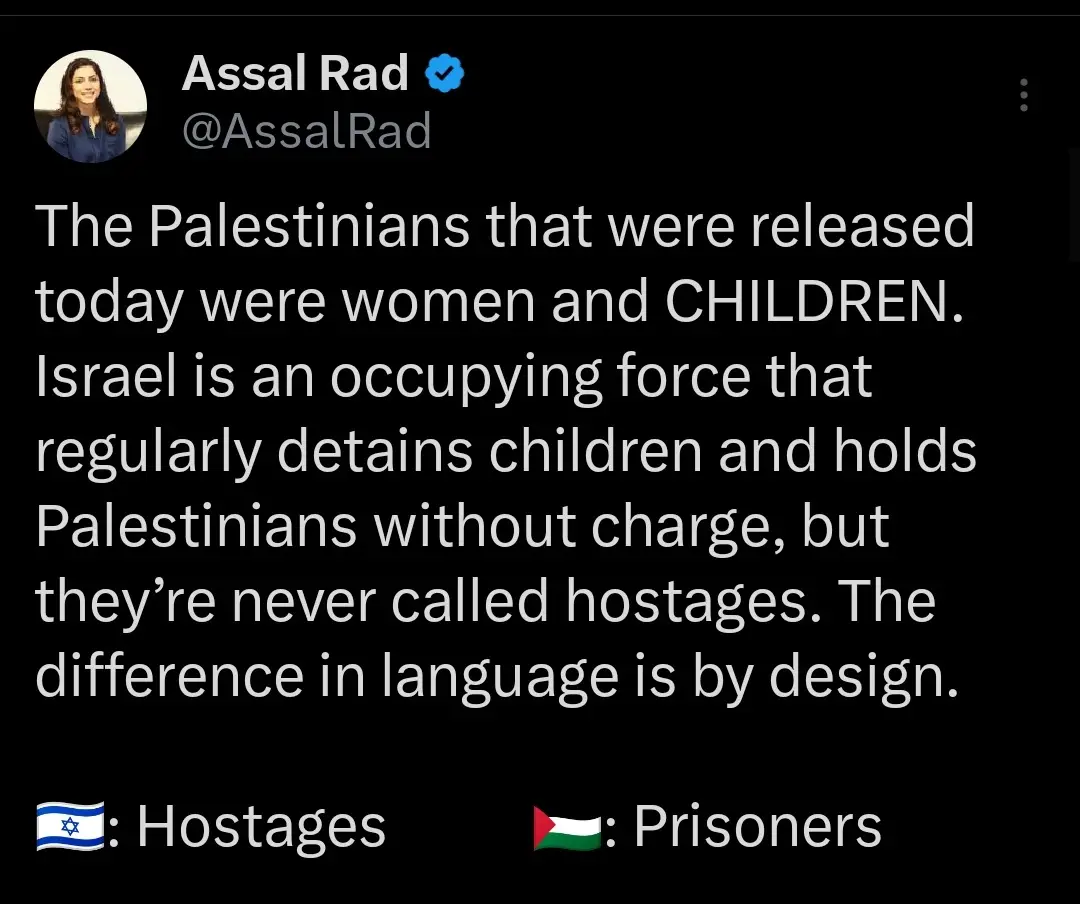 A screenshot of a tweet by Assal Rad, with white text on a black background. The tweet discusses how released Palestinians…