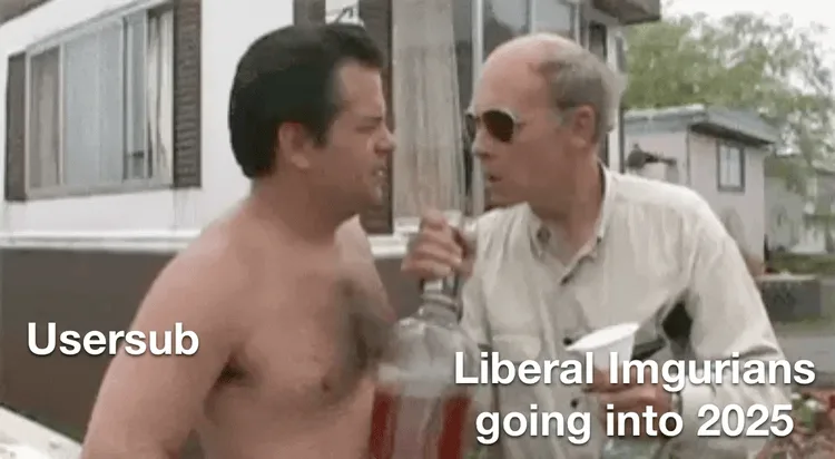 A six-panel image sequence shows two men drinking from bottles of alcohol outdoors. The man on the left is shirtless, and…