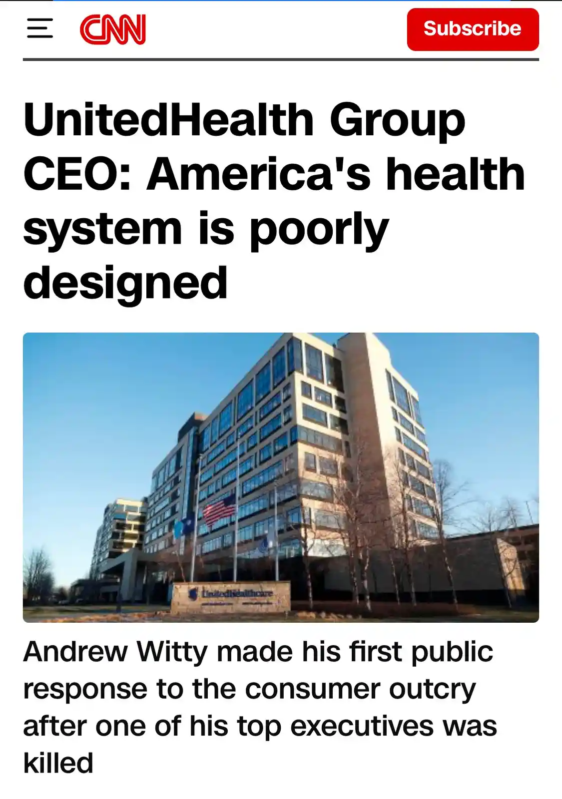 A screenshot of a CNN news article featuring a photo of a UnitedHealthcare corporate building. The headline reads…