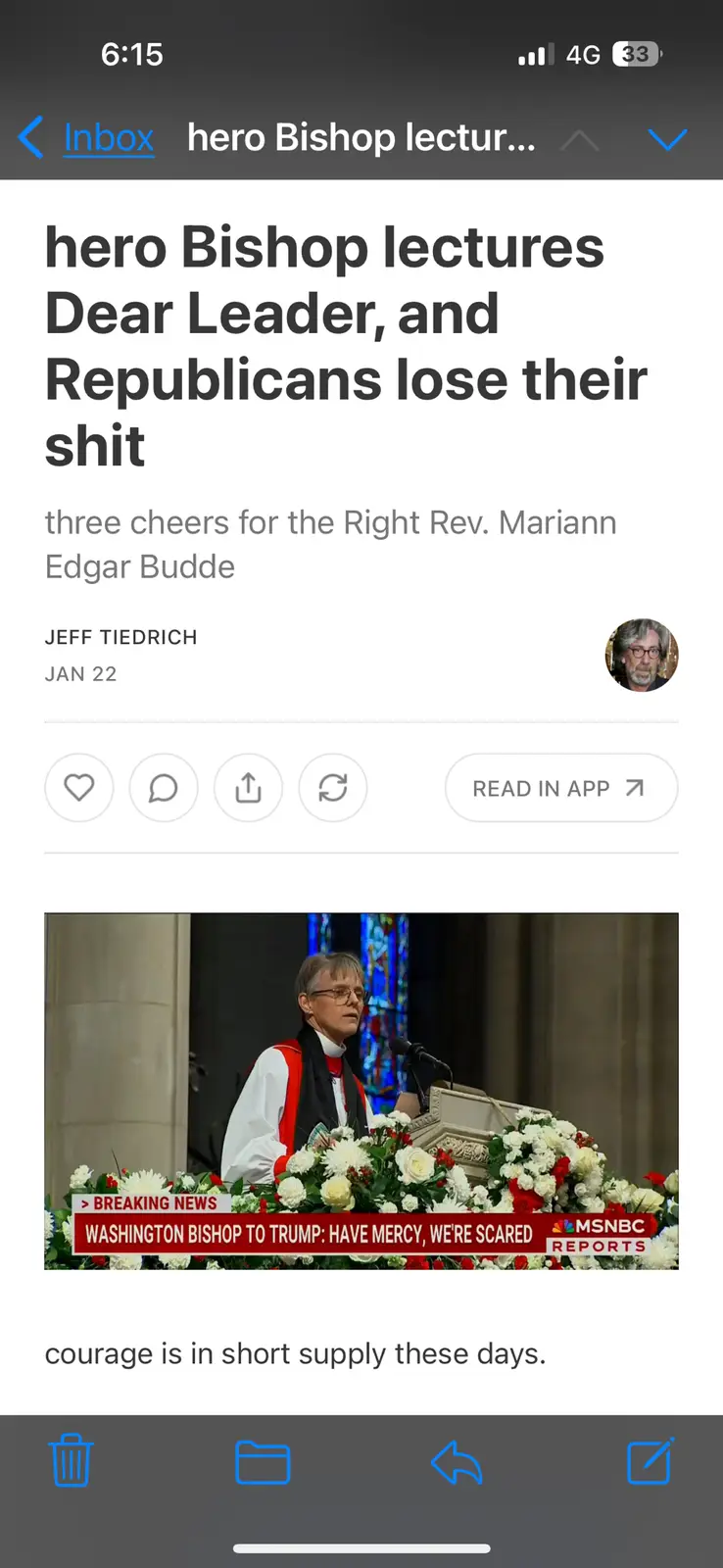 A screenshot of a mobile news article shows a photo of a woman in clerical attire speaking at a podium with flowers. A red…