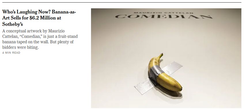 A yellow banana taped to a plain white wall with silver duct tape, with the word 'COMEDIAN' printed in large black letters…