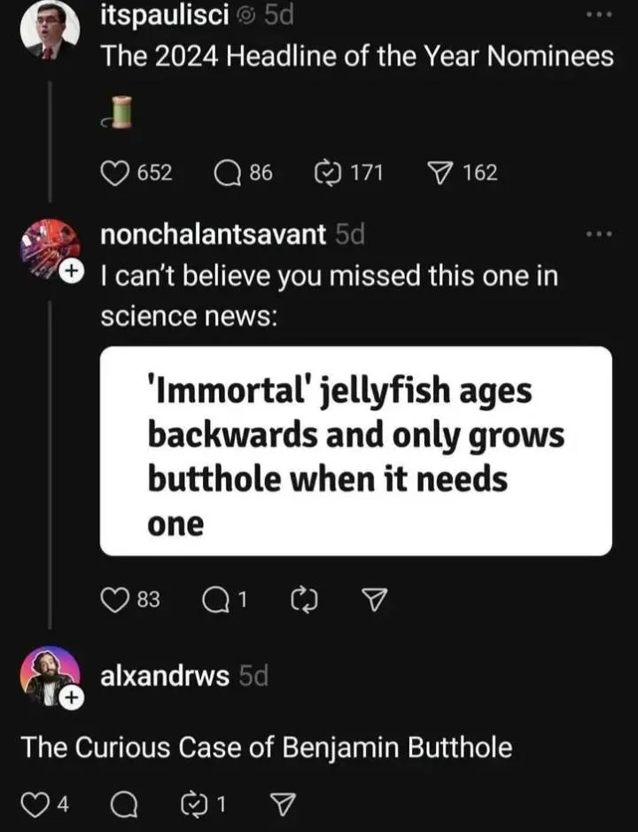 A screenshot of a Twitter thread shows a user nominating a headline about an 'immortal' jellyfish that ages backwards and…