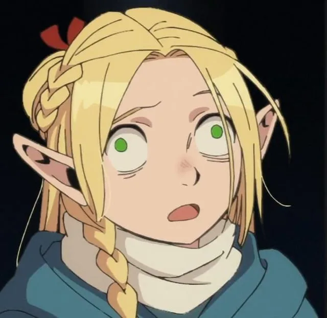 An anime character with blonde braided hair, pointed ears, and green eyes stares with wide, teary eyes and a slightly open…