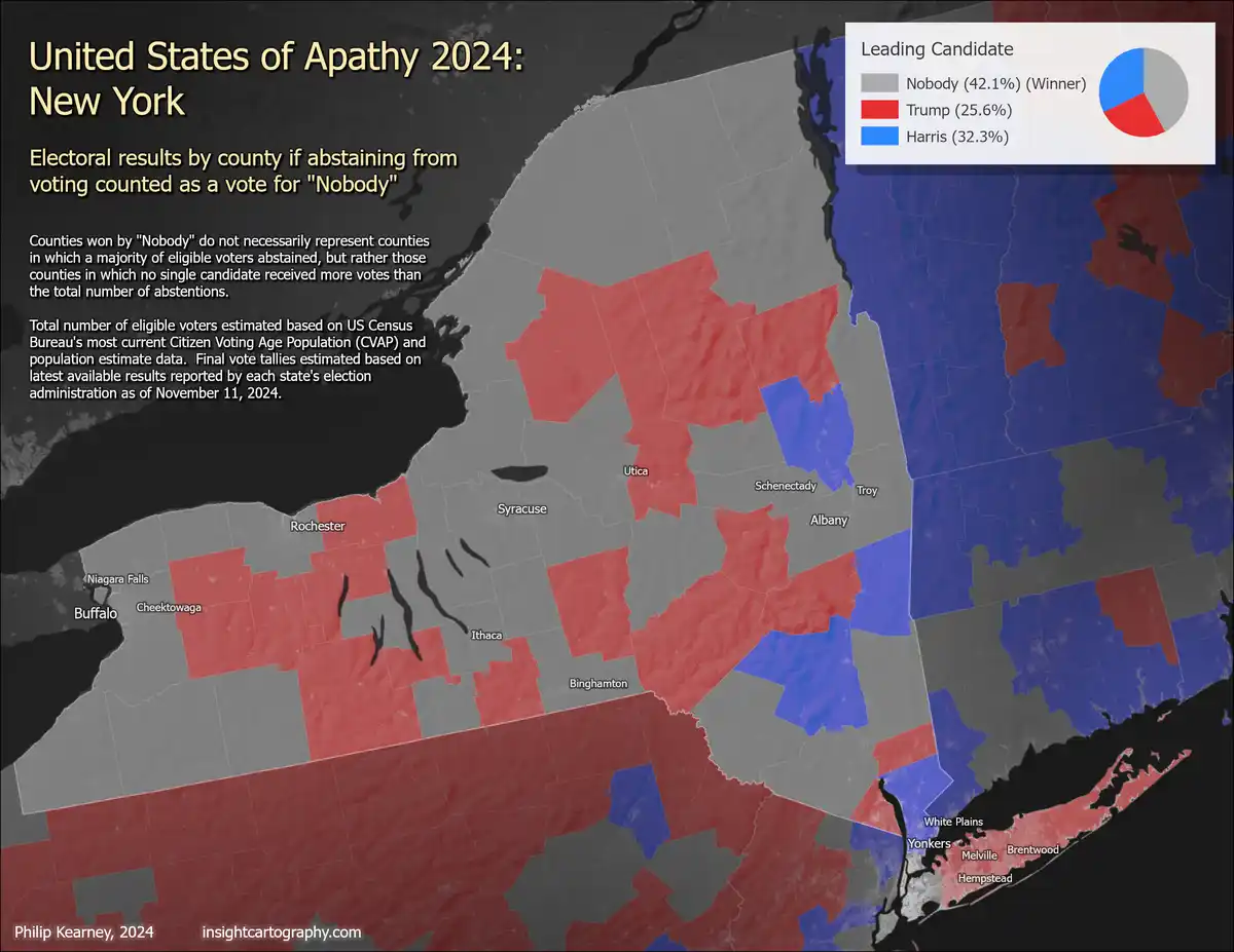 A map of New York state showing counties colored red, blue, or gray based on a fictional election where abstaining from…