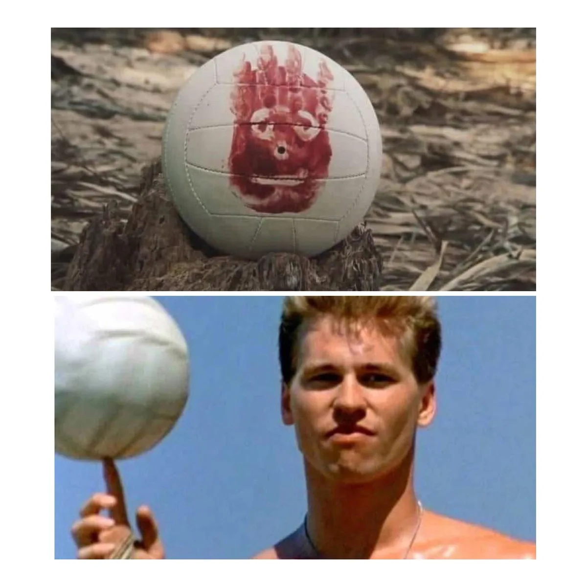 The top panel shows a white volleyball with a red, hand-drawn face resembling a monster or clown, resting on a tree stump in…
