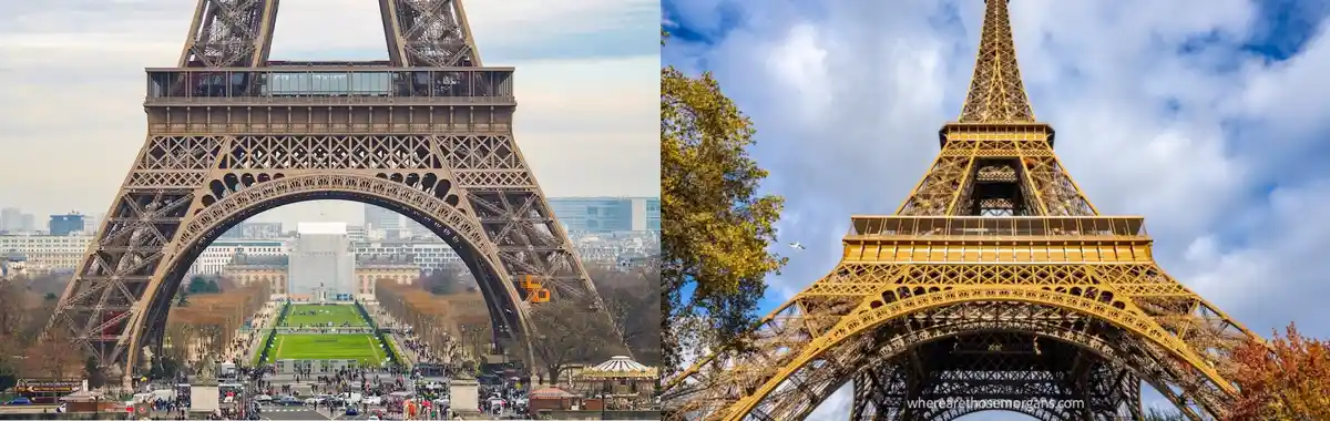 The image is a side-by-side comparison of two photos of the Eiffel Tower. The left photo shows the tower's base with a wide…
