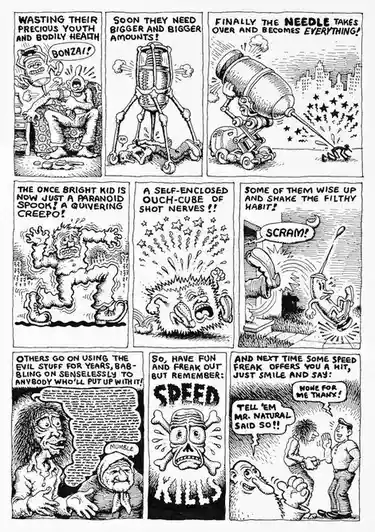 A black-and-white comic strip with nine panels depicting the progression of drug addiction, starting with a person using a…