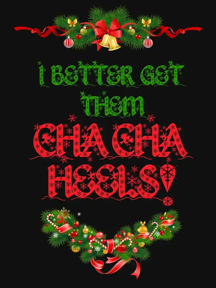 A black background features festive Christmas garlands with red ribbons, pine needles, ornaments, and bells at the top and…