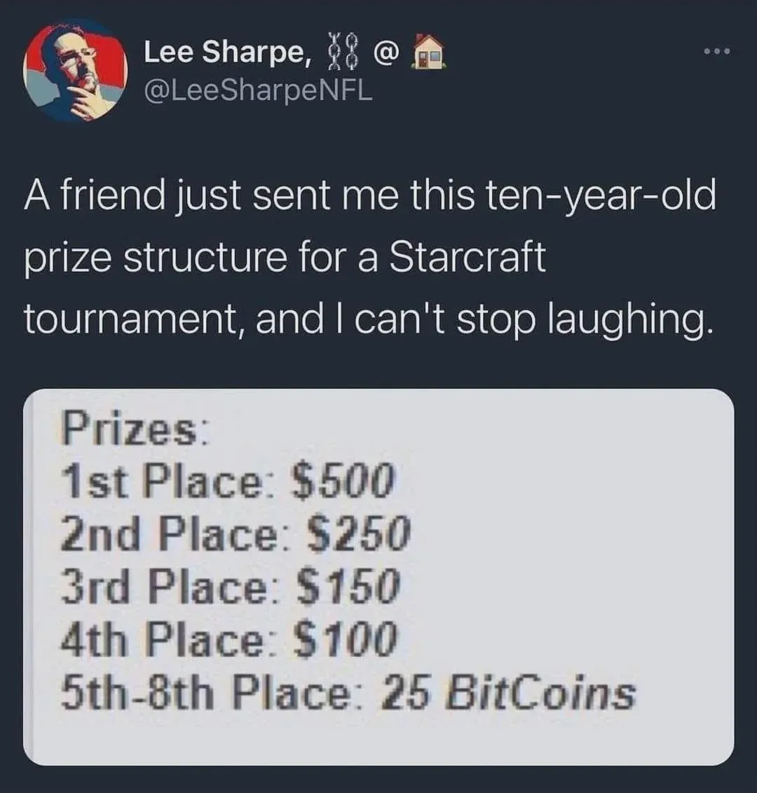 A screenshot of a tweet by Lee Sharpe showing a ten-year-old Starcraft tournament prize structure where 1st place wins $500…