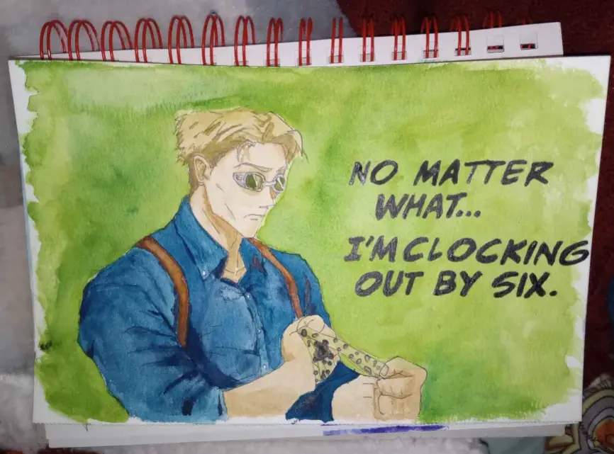 A watercolor drawing on a spiral-bound notebook page shows a blonde man in a blue shirt and suspenders, wearing sunglasses…