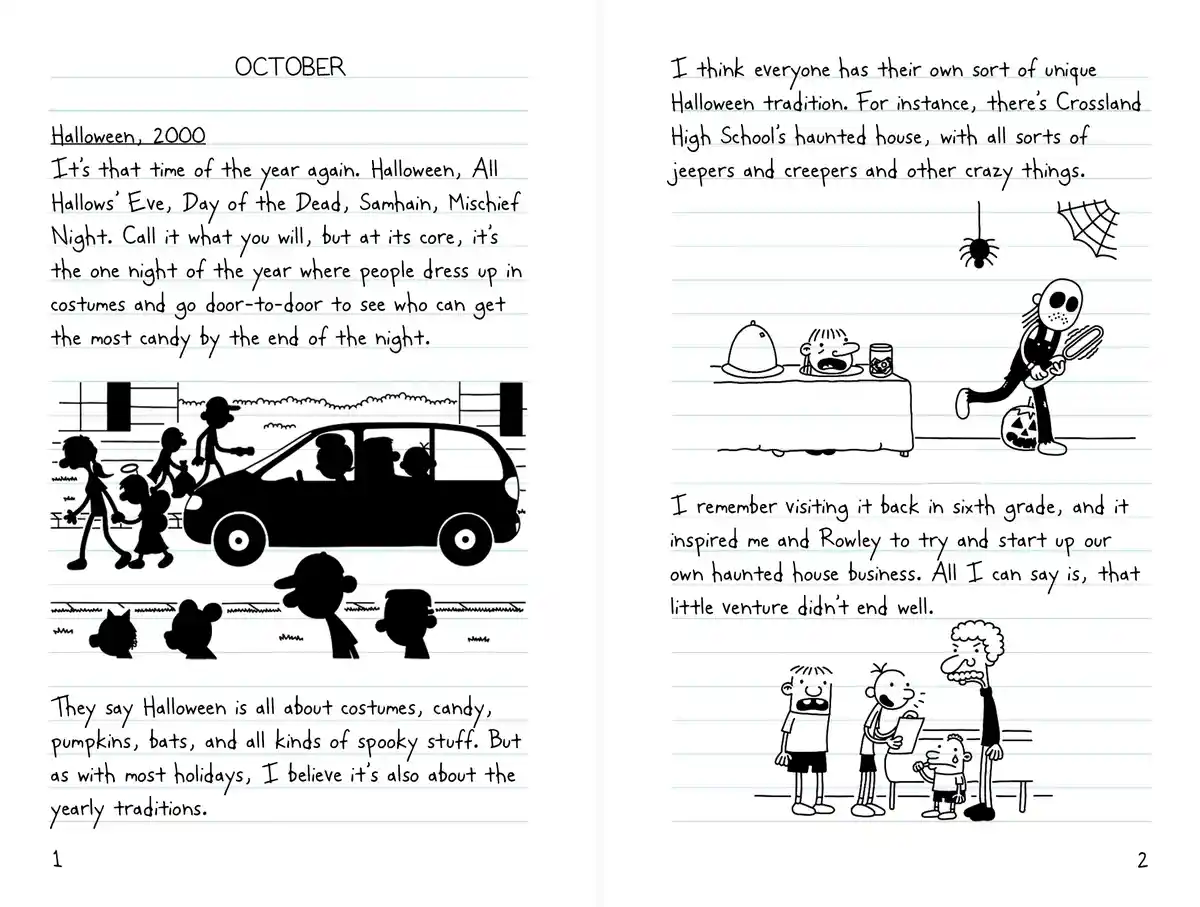 This is a two-page spread from the 'Diary of a Wimpy Kid' book, showing handwritten text and cartoon drawings on lined…