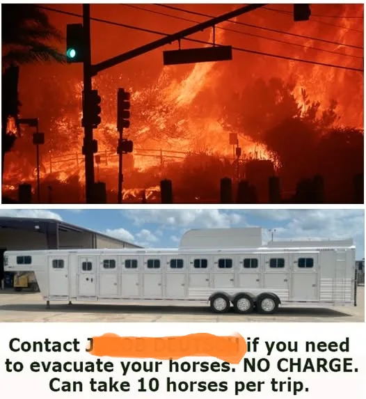 The image is split into two panels: the top shows a massive wildfire engulfing trees and sky behind traffic lights, while…