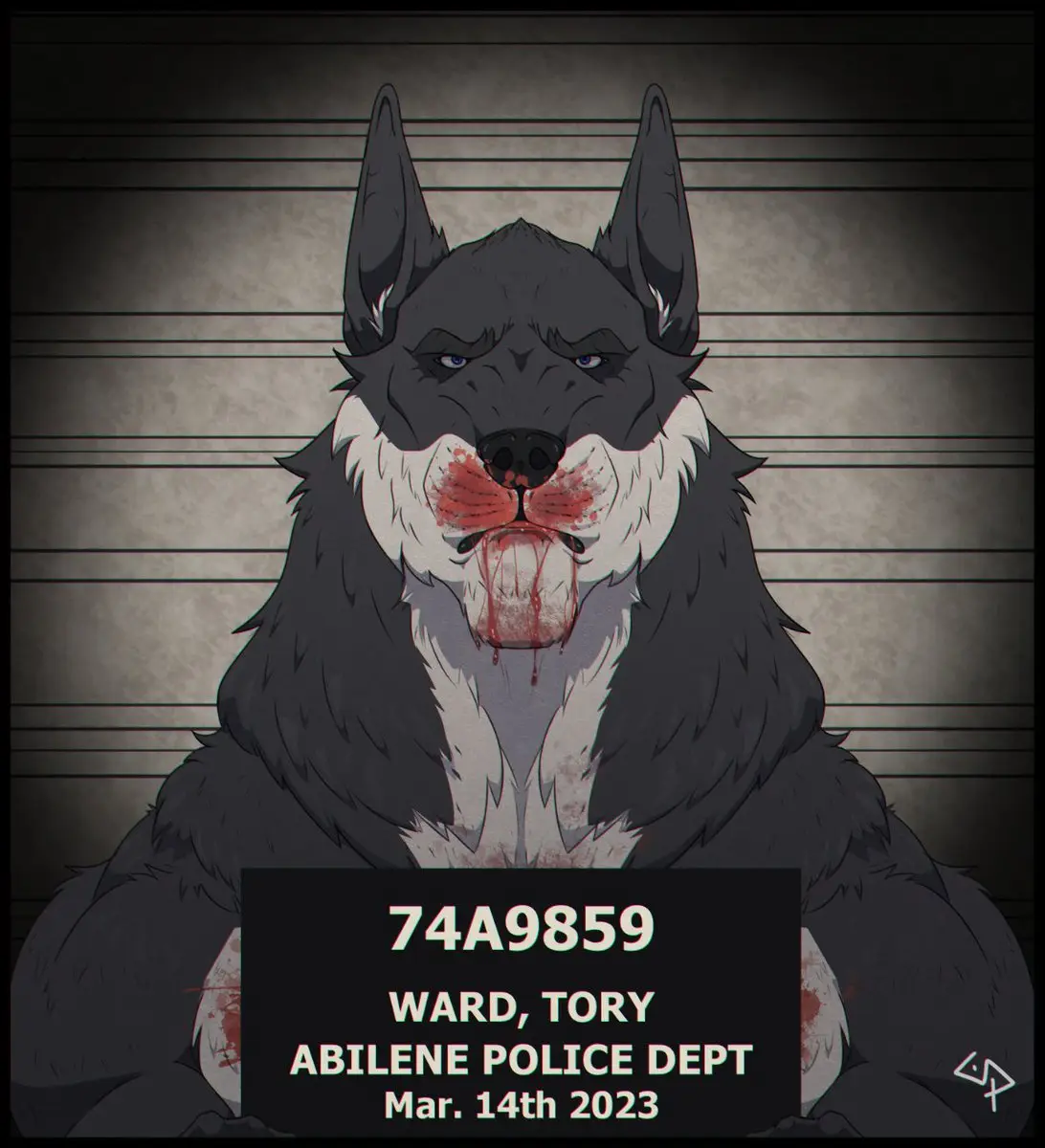 A digitally rendered mugshot of a large, dark-furred wolf-like creature with a white chest and blood on its muzzle and paws…