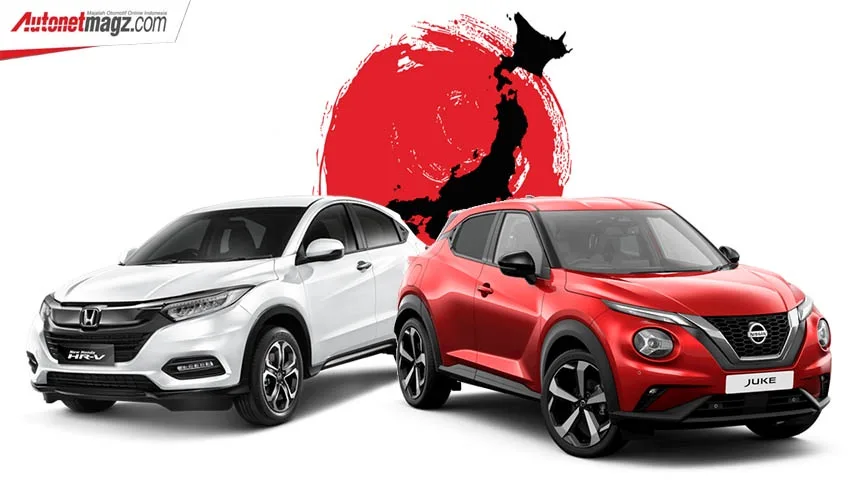 Two compact SUVs, a white Honda HR-V and a red Nissan Juke, are positioned side by side against a stylized background…