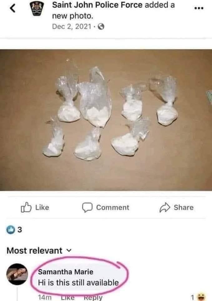 A screenshot of a Saint John Police Force Facebook post showing several plastic bags filled with white powder, likely seized…