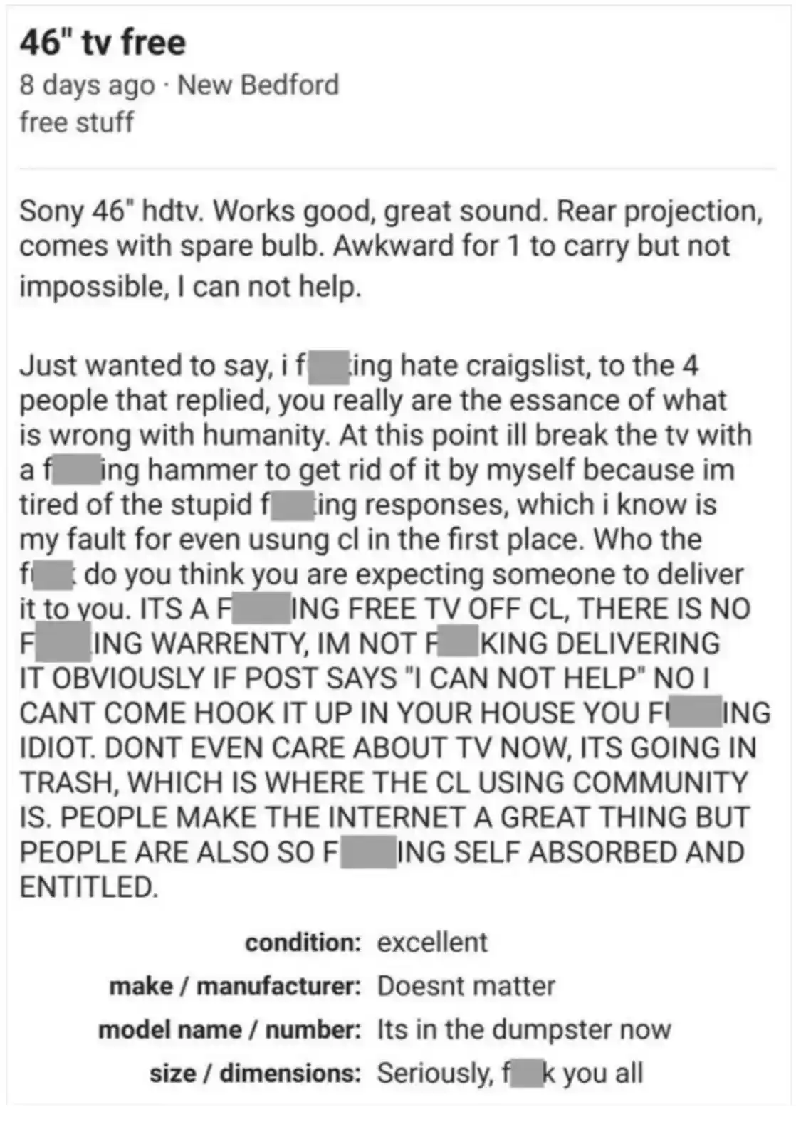 A screenshot of a Craigslist post for a free 46" Sony TV, which quickly turns into a rant by the poster who is frustrated…