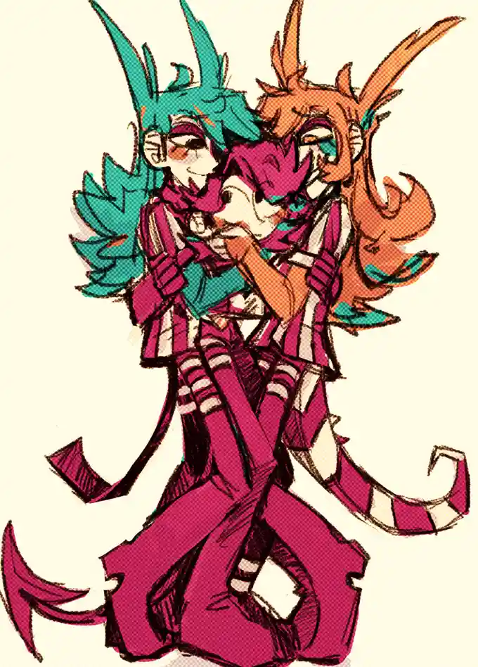 Two anime-style characters with teal and orange hair are hugging a central figure in a magenta outfit, all with closed eyes…