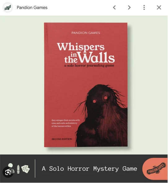 The image displays the cover of a game titled 'Whispers in the Walls' by Pandion Games, described as 'a solo horror…