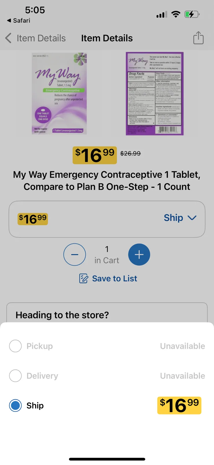 A screenshot of an online shopping page for 'My Way' emergency contraceptive, showing a price of $16.99, with pickup and…