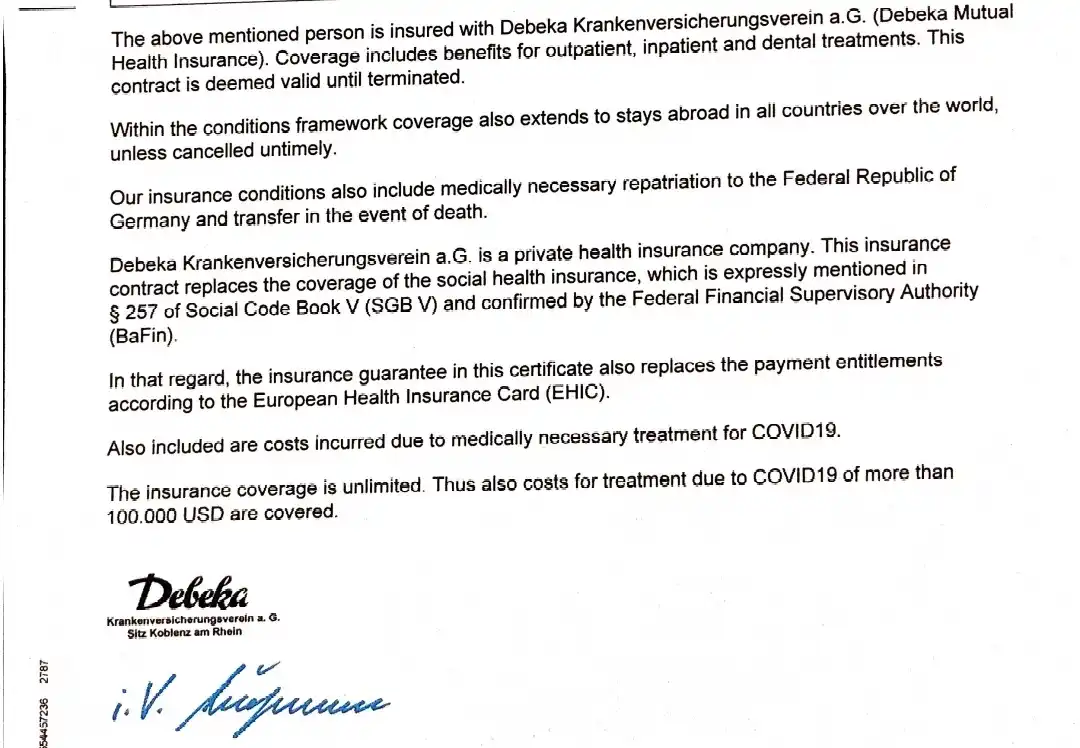 A scanned document from Debeka Mutual Health Insurance detailing an insurance contract that covers outpatient, inpatient…
