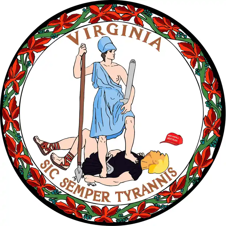 The official seal of Virginia, featuring a classical figure standing on a fallen man, is altered to include a red 'Make…
