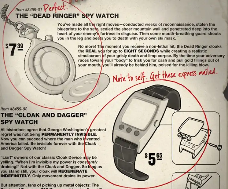 An advertisement for two fictional spy watches: 'The Dead Ringer' ($7.39) which creates a realistic simulacrum of death for…