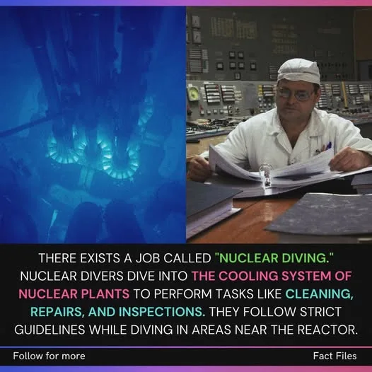 The image is split: left side shows a blue-tinted view of a nuclear reactor's cooling system with glowing pipes, right side…