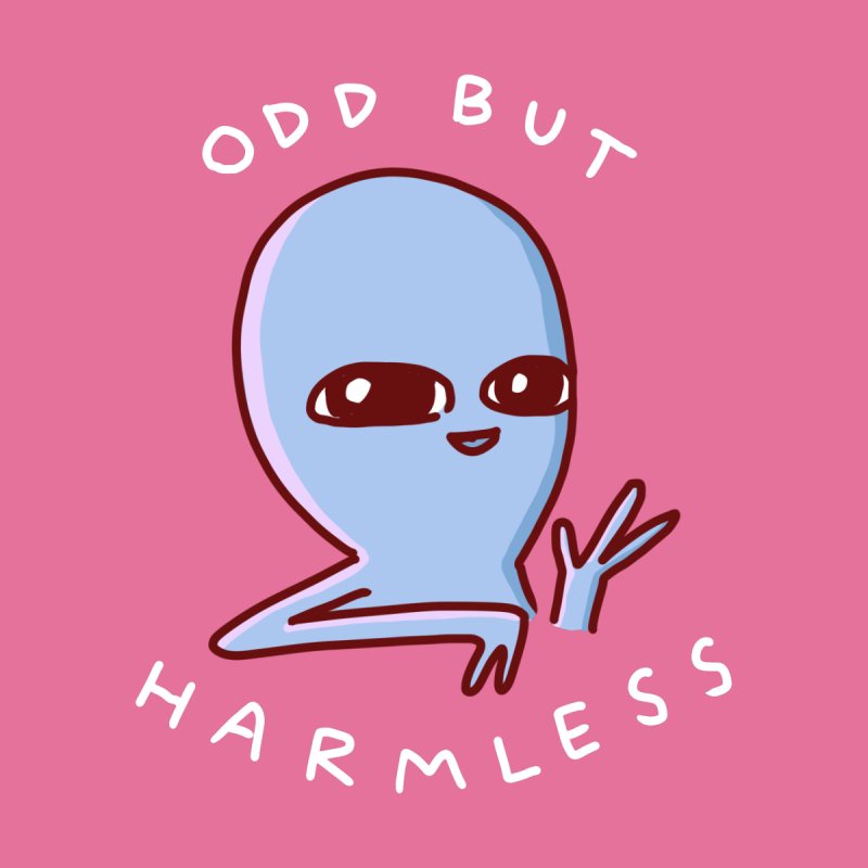 A cartoonish blue alien with large eyes and a small smile waves cheerfully against a solid pink background. The text 'ODD…