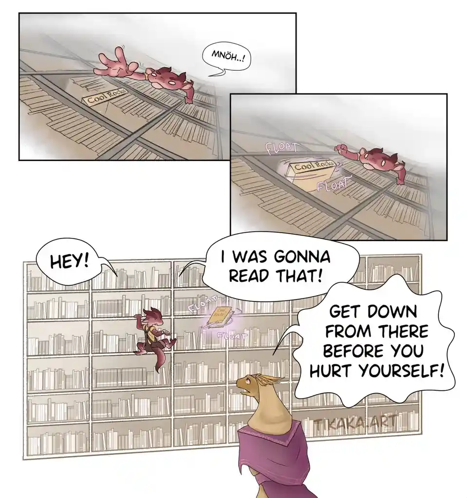 A comic strip shows a small red dragon-like creature falling from a high shelf in a library, yelling 'MNÖH..!' as a book…