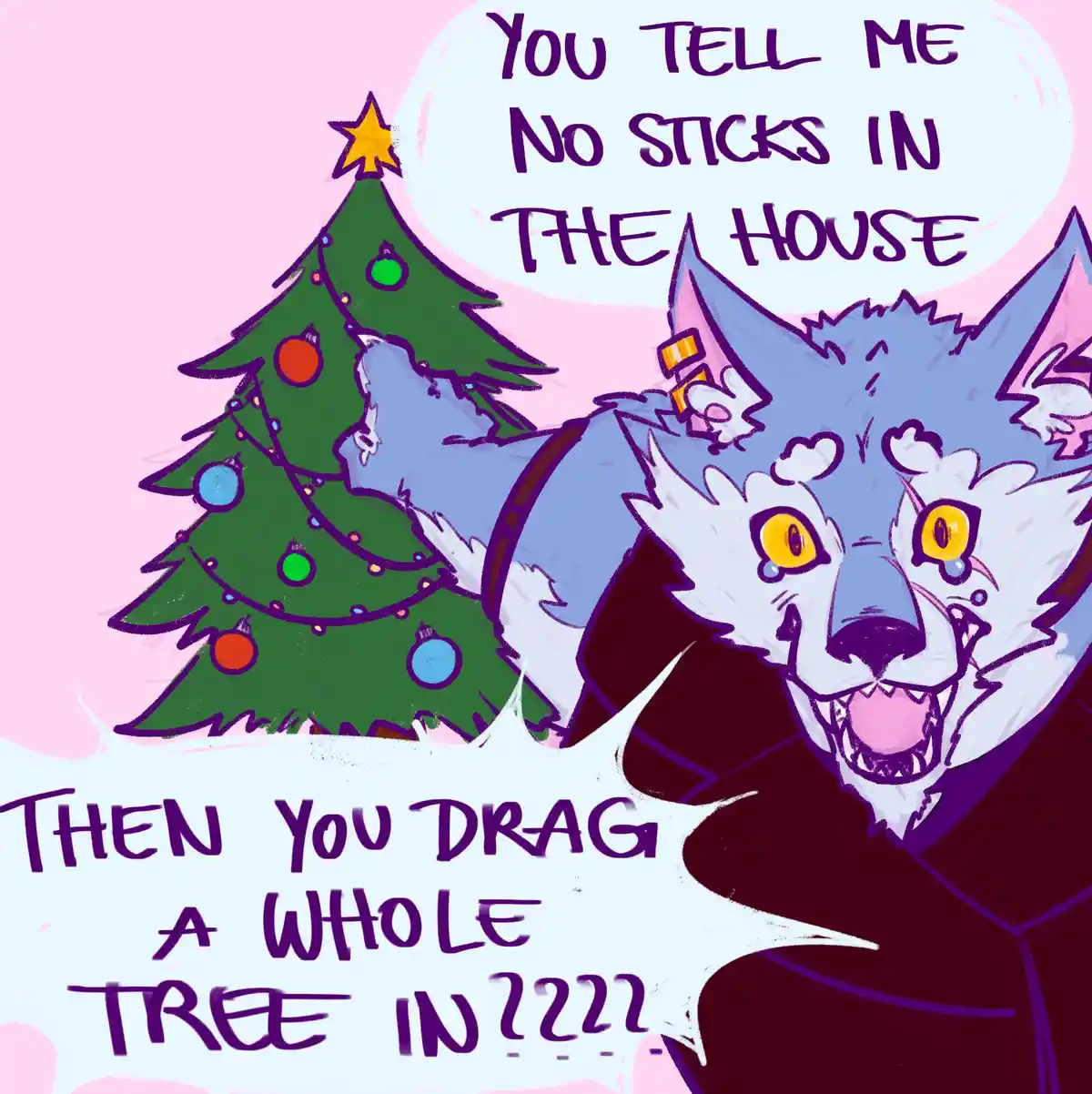 A cartoon blue wolf with yellow eyes and a dark coat is angrily yelling at a decorated green Christmas tree. The wolf has a…