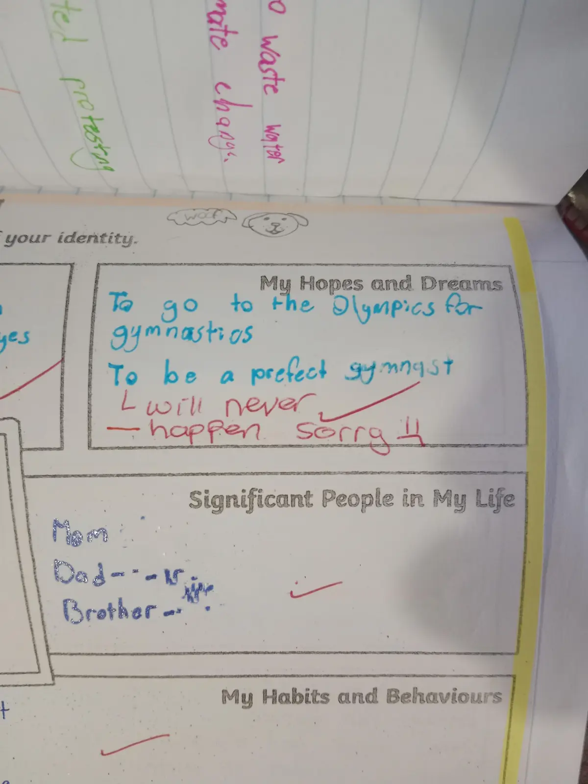 A child's worksheet titled 'My Hopes and Dreams' shows handwritten goals to go to the Olympics and be a perfect gymnast…