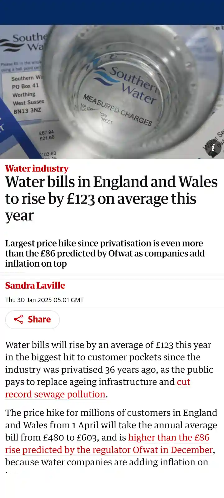 A screenshot of a news article about rising water bills in England and Wales, overlaid with a photo of a Southern Water…
